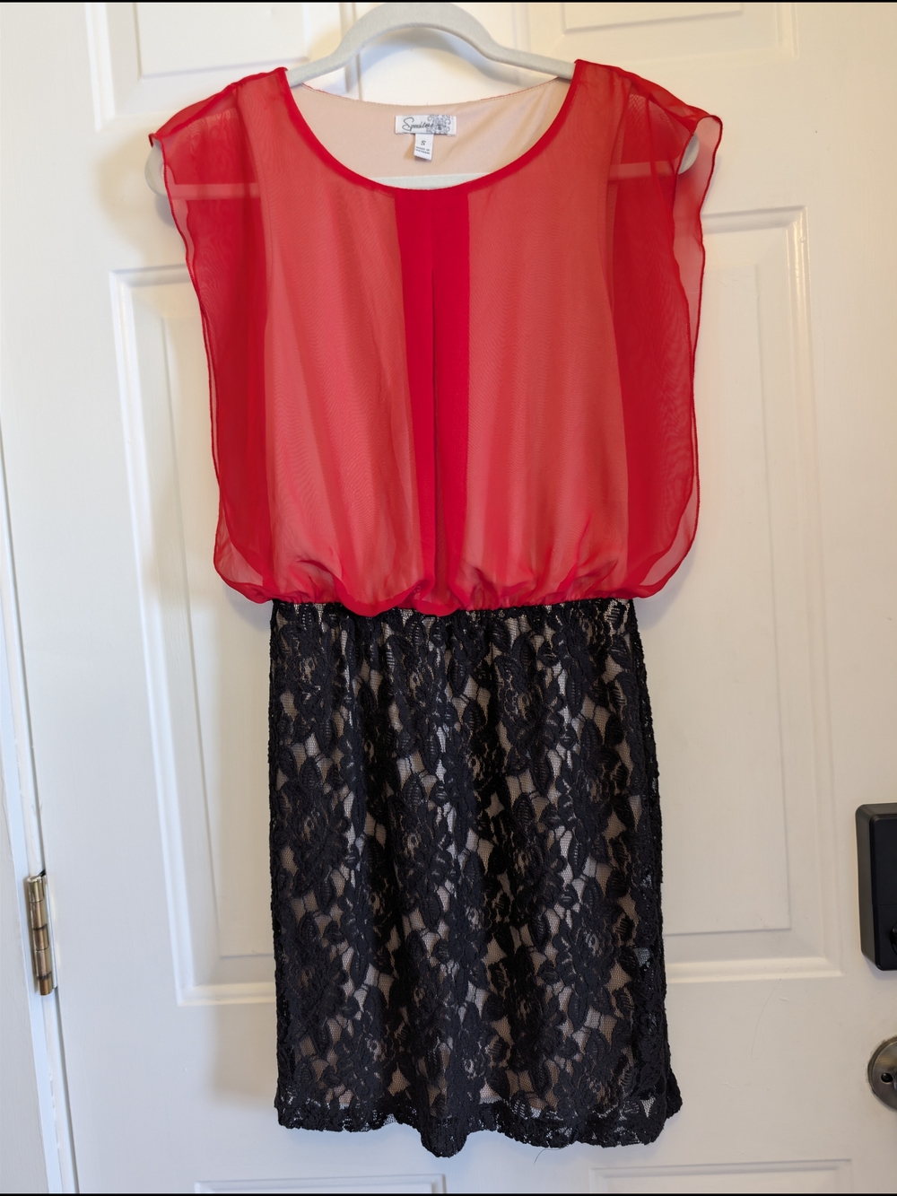 Speechless Red Chiffon Blouson Top with Black Lace Skirt Mini Dress